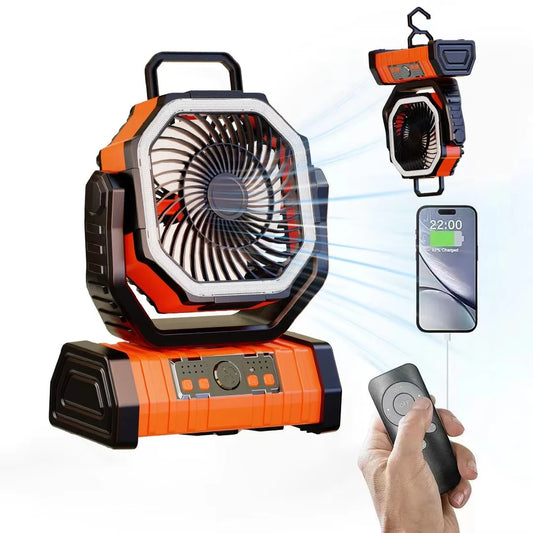 Portable Fan with LED Lights for Outdoors/Camping - 20000mAh Battery Operated